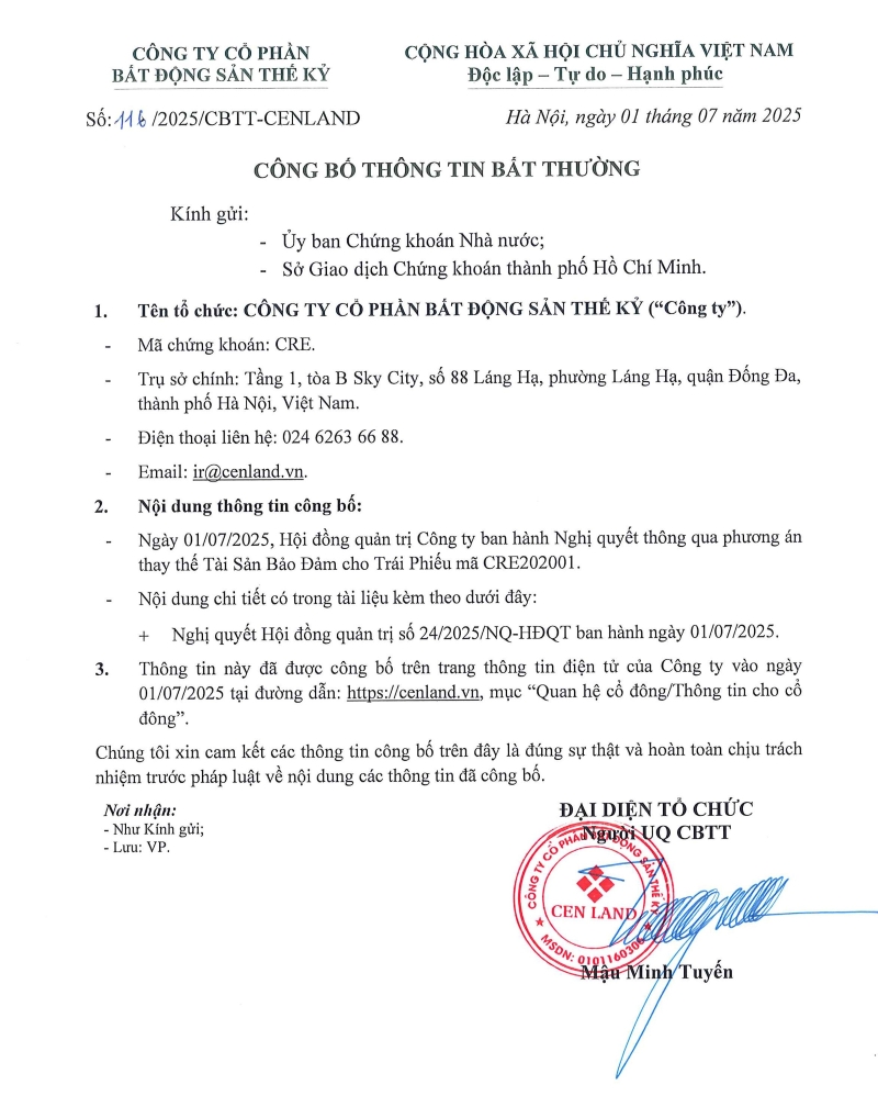 Công bố thông tin - Nghị quyết Hội đồng quản trị thông qua phương án thay thế Tài Sản Bảo Đảm cho Trái Phiếu mã CRE202001